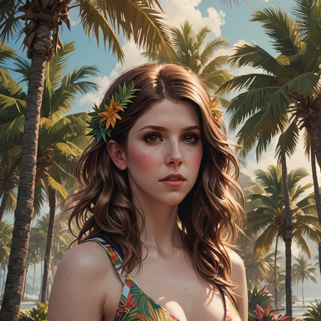 Bikini Portrait with Palm Trees in Digital Art Style