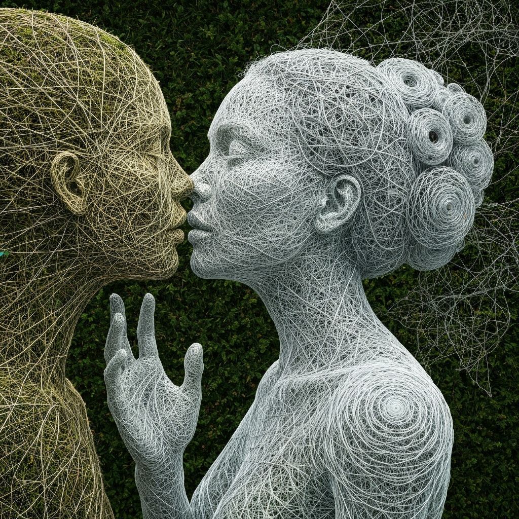 Ethereal Woman Made of Strings Kissing Garden