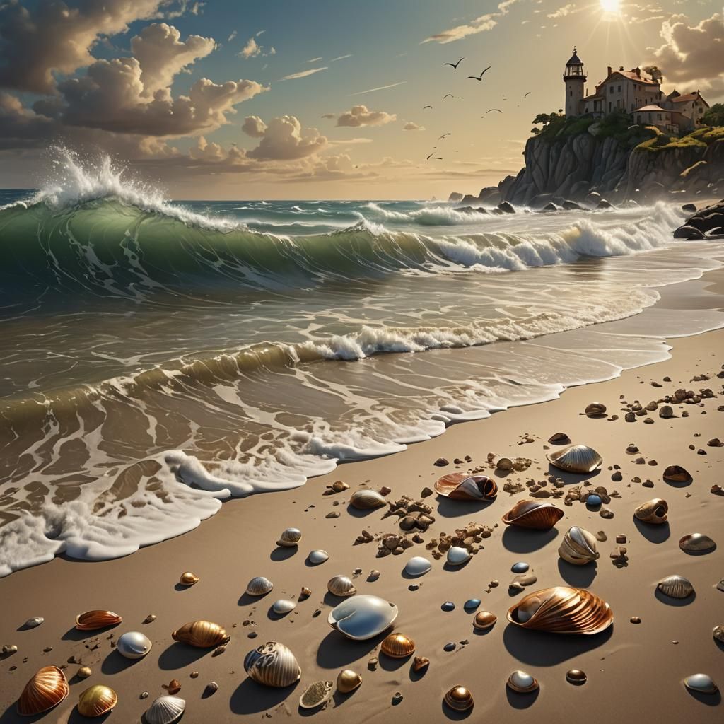 Seascape Painting with Waves and Sunny Winds