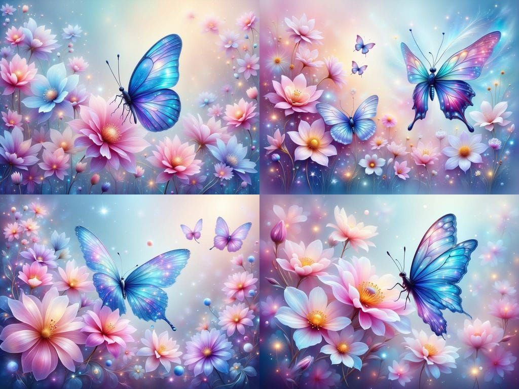 Ethereal Floral Composition with Blue Butterflies
