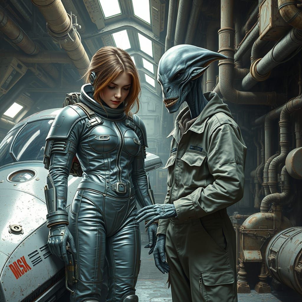 Gray Alien works with Human in the Repair Bay
