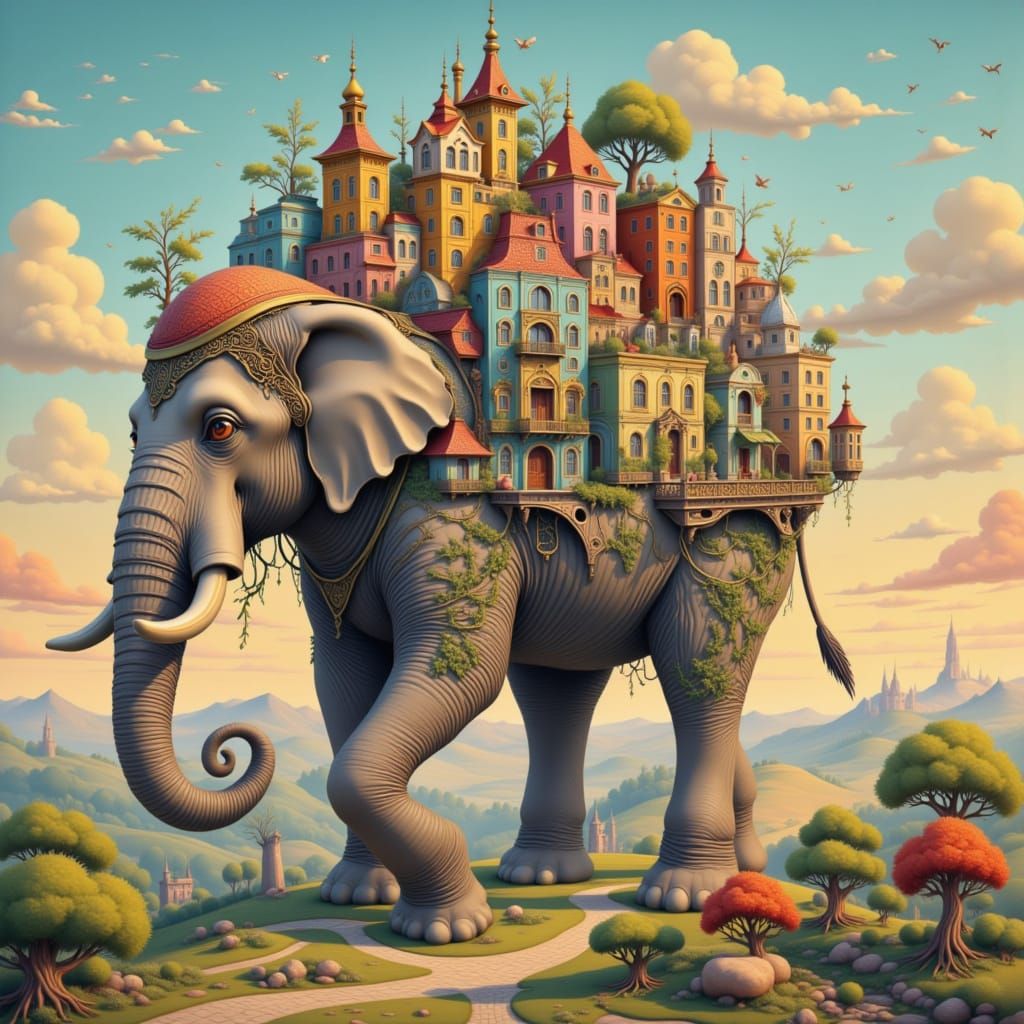 Whimsical City on Gentle Giant Elephant in Art Nouveau Style