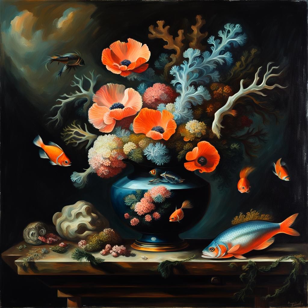 Underwater Still Life Oil Painting in De Heem Style