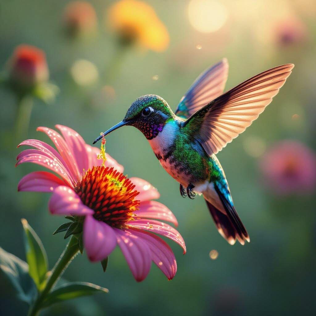 Hummingbird Sipping Nectar with Iridescent Feathers