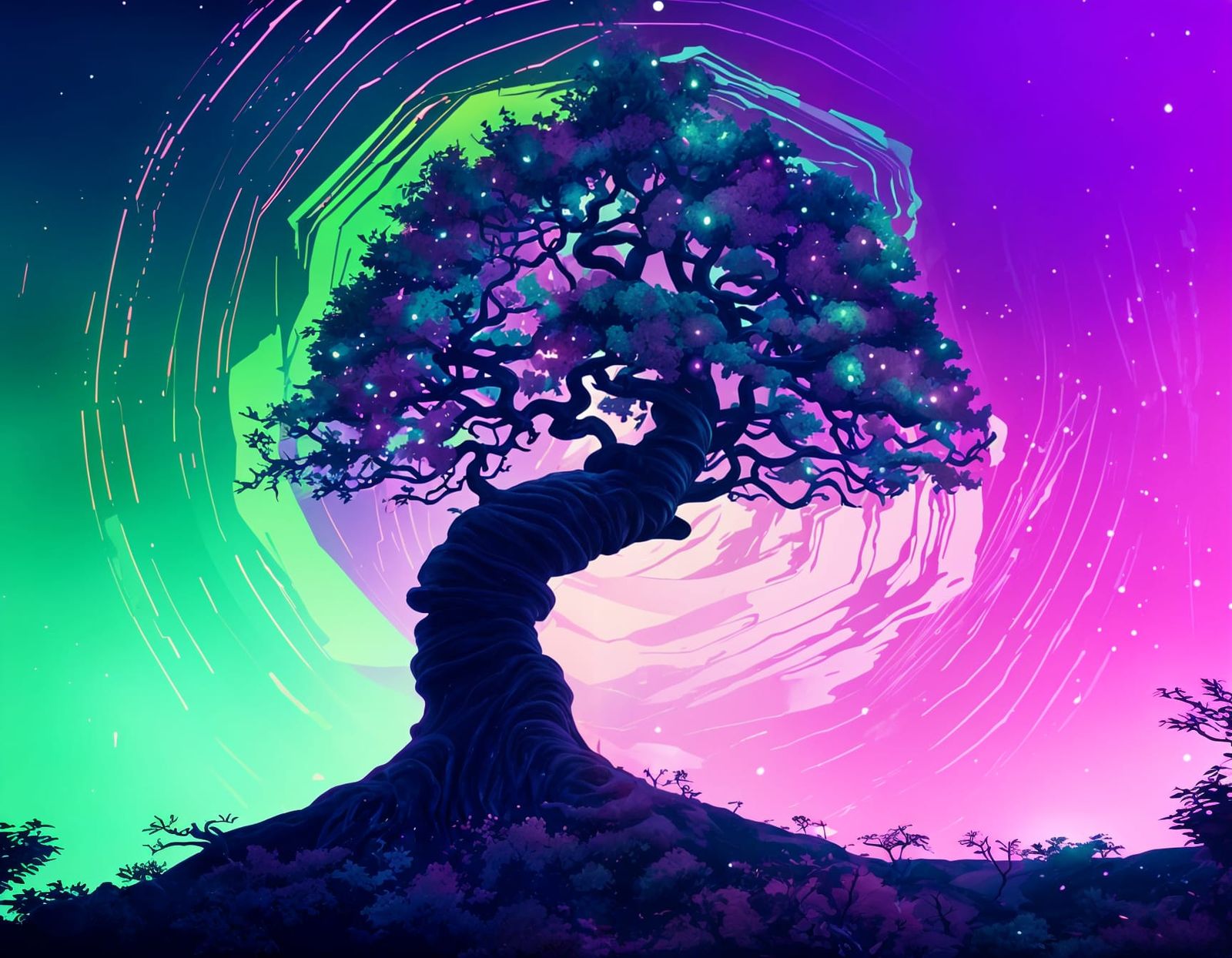 Minimalist Mystic Grove with Glitch Background