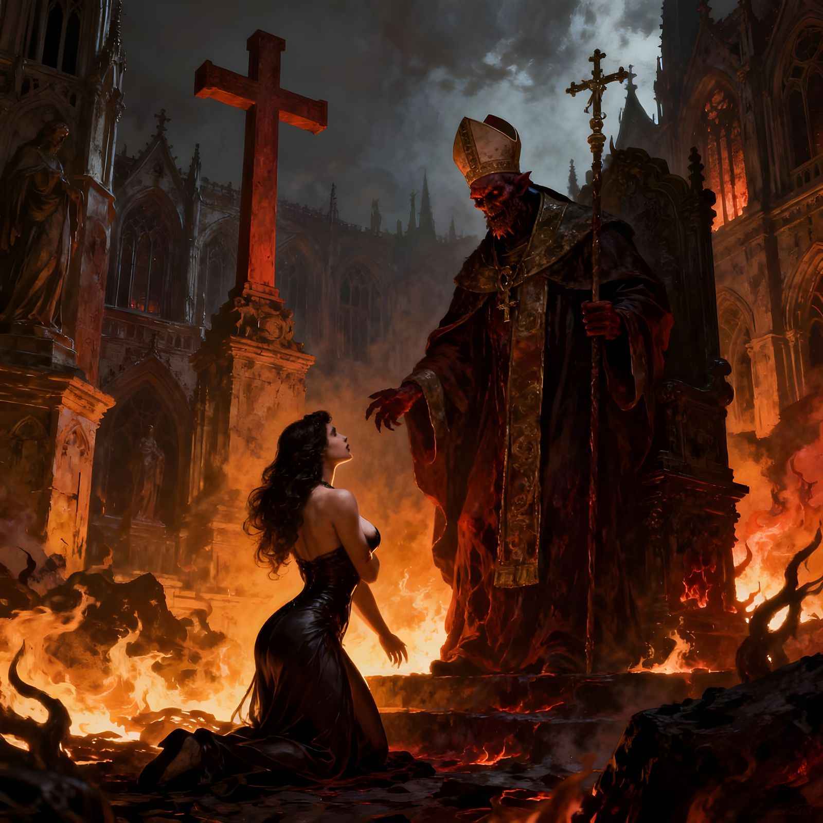Alluring Woman Before Demonic Pope in Hellish Inferno