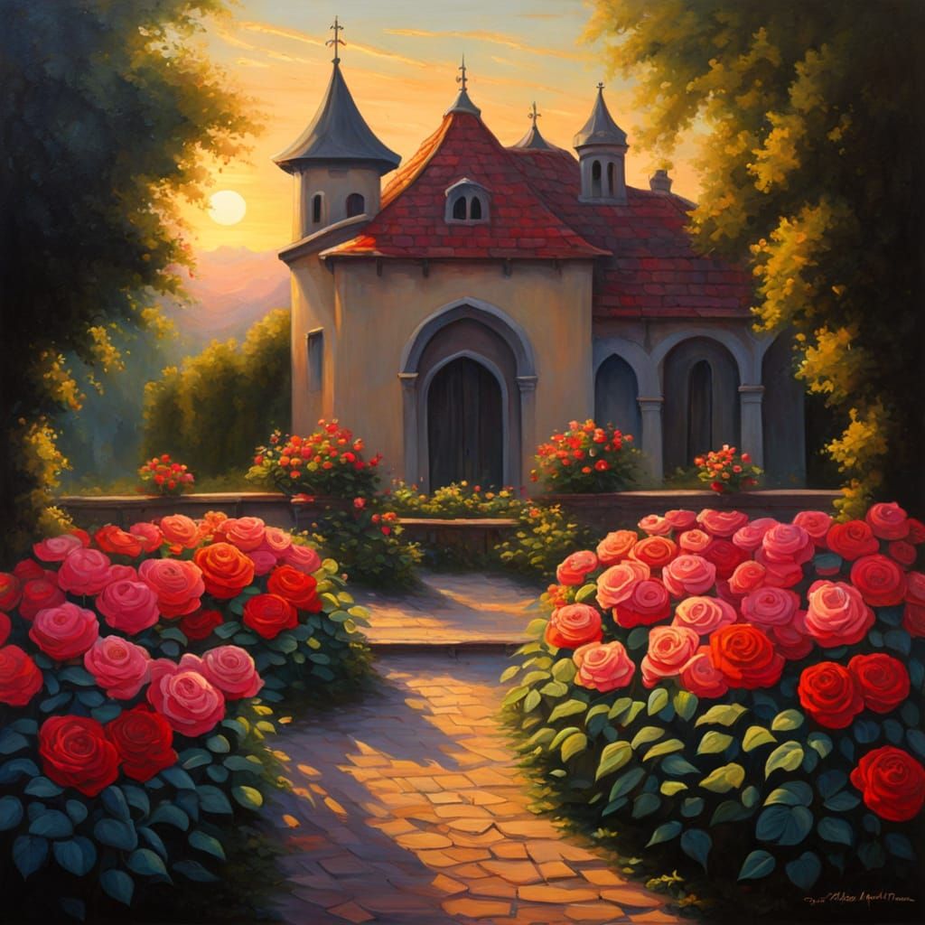 Chiaroscuro Rose Garden at Sunrise: Medieval Oil Painting