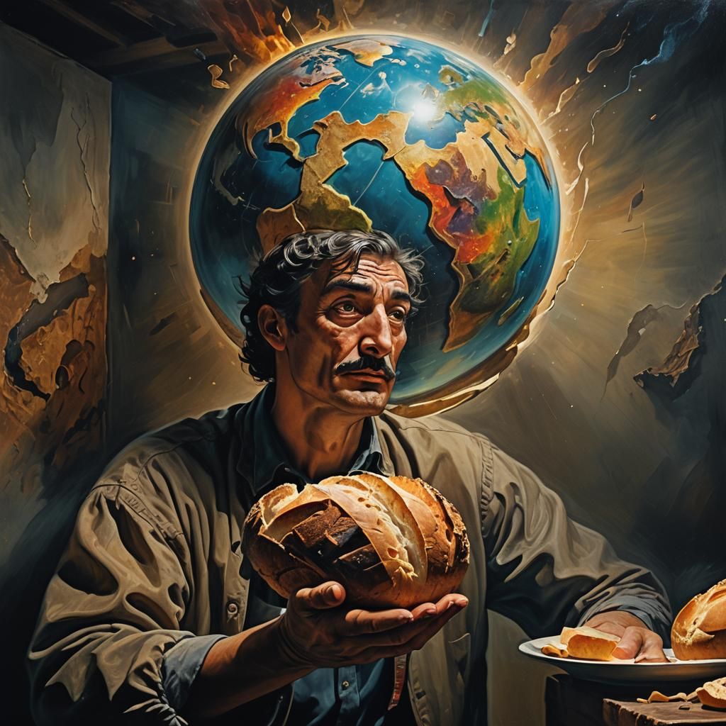 Person Holding Globe and Bread: Hyperrealistic Art