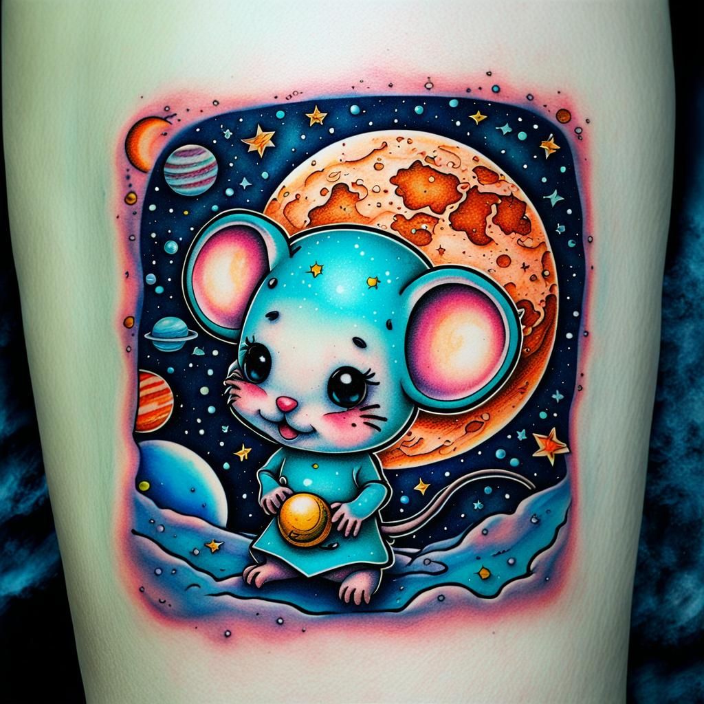 Aqua Chibi Mouse Tattoo on the Moon