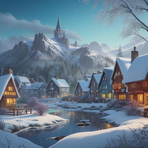 Idyllic Snowy Village Scene at Christmas