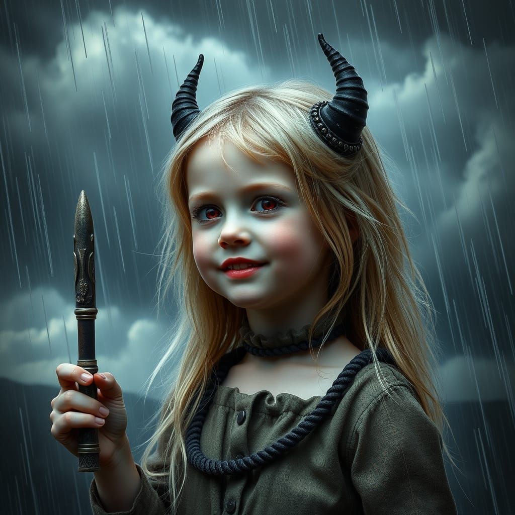 Mysterious Young Girl with Diabolical Smile and Fiery Eyes i...