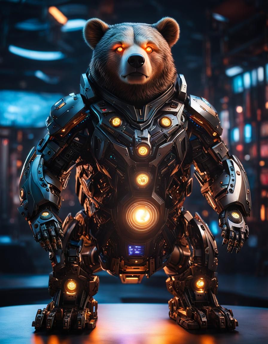 Cyborg Bear Techrunner in Hyperrealistic Cyberpunk Style