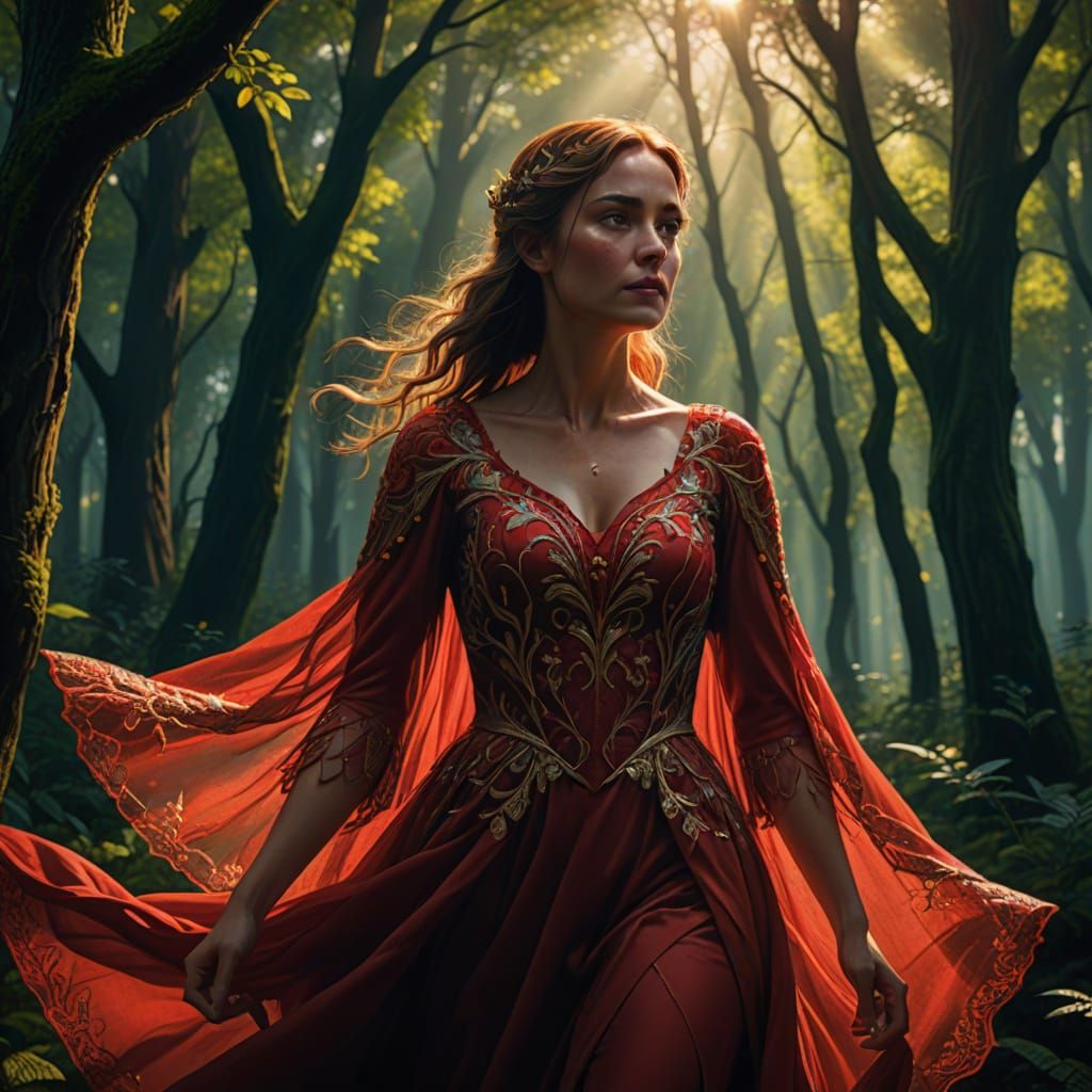 Woman in Red Dress in Forest with Dramatic Lighting