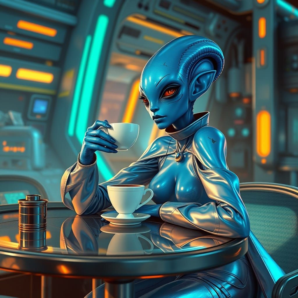 Blue-Skinned Alien Enjoys Coffee in Futuristic Setting