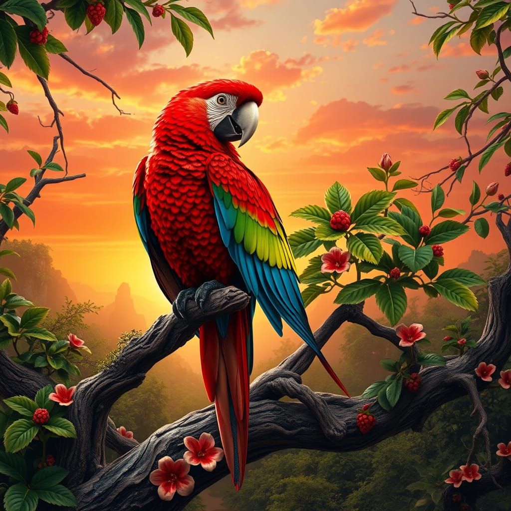 Majestic Strawberry Parrot in Lush, Ancient Wilderness