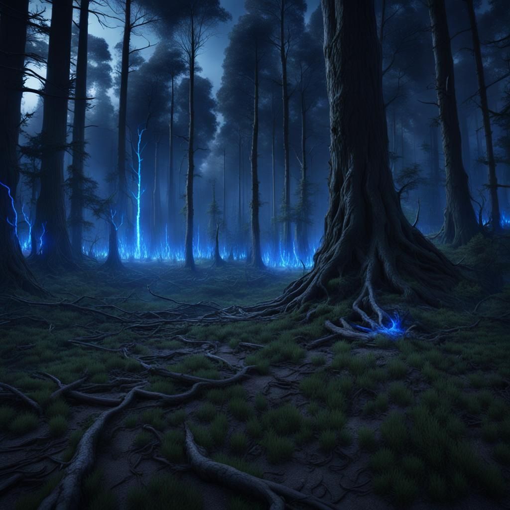Eerie Forest at Night with Blue Flames, Digital Art