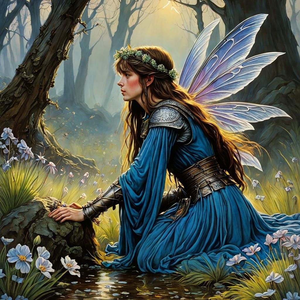 Mourning Fairy in a Vibrant Medieval Landscape