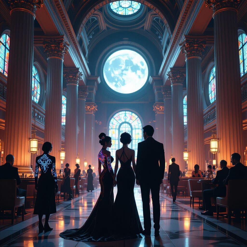 Secret Nighttime Meeting in Futuristic Bar Interior