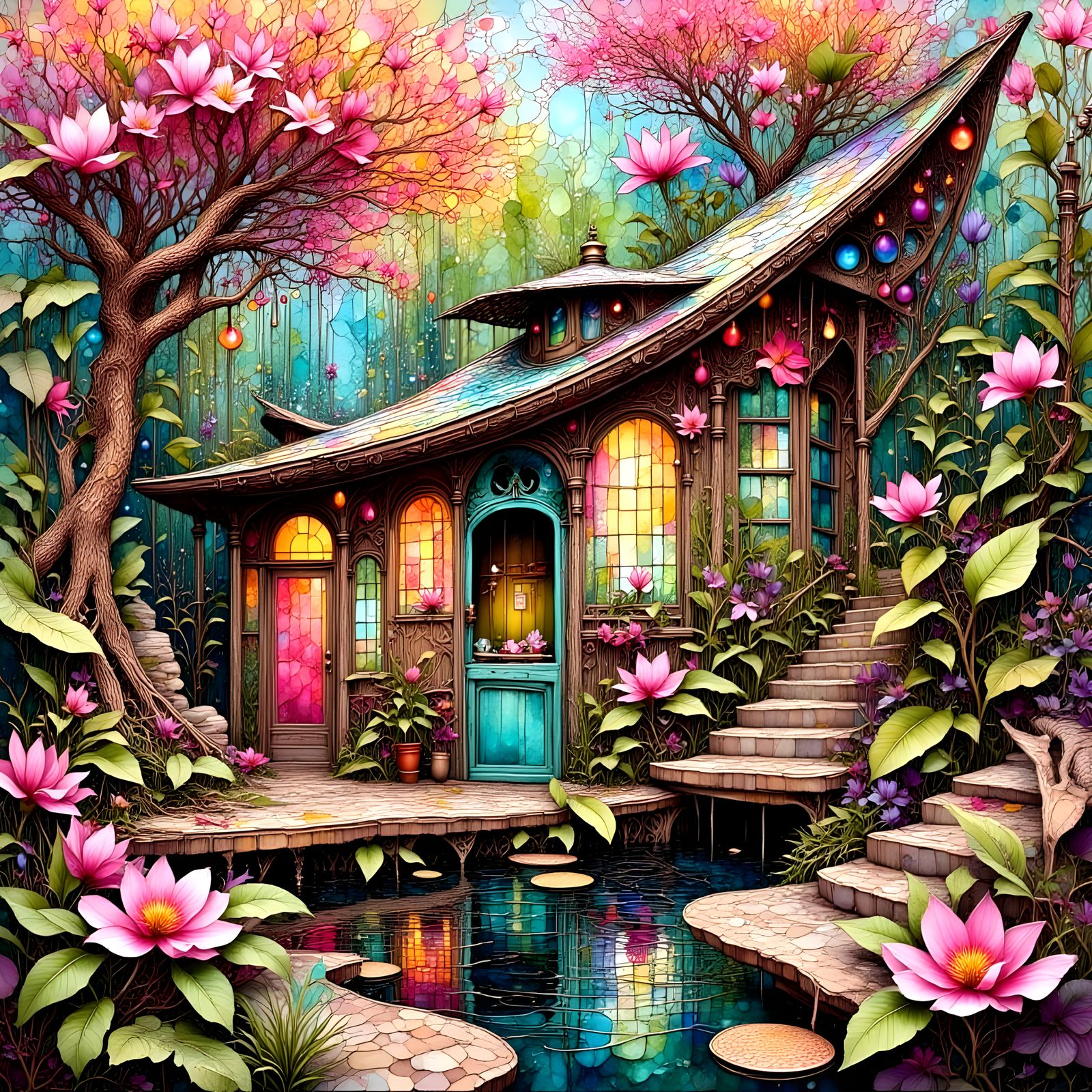 Surreal Eco-Shack in Dahlia Forest, Dreamlike Style