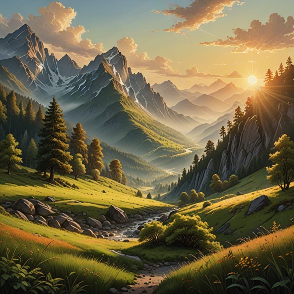 Realistic Oil Painting of a Mountain Landscape