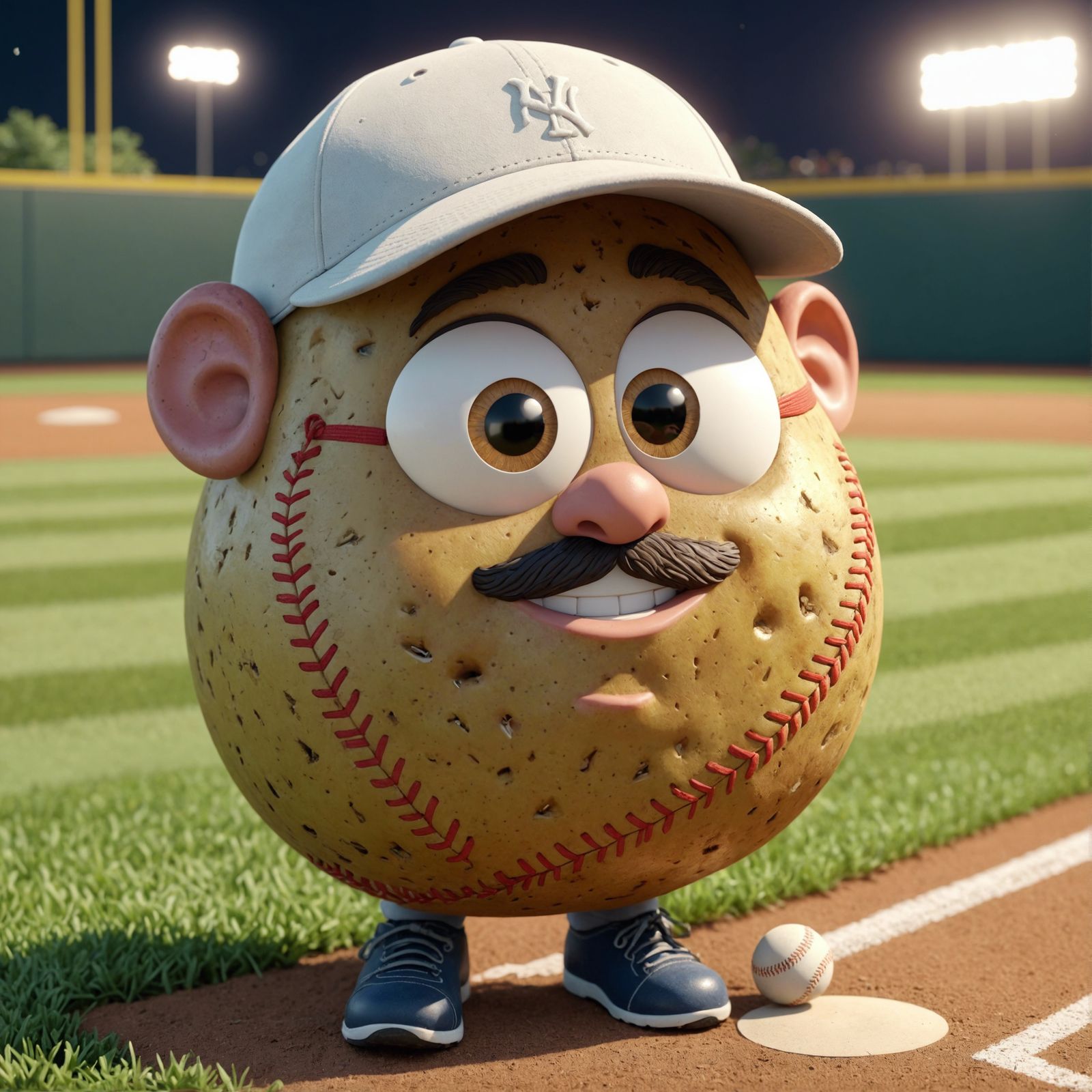 Adorable 3D Potato Baseball Coach on Field