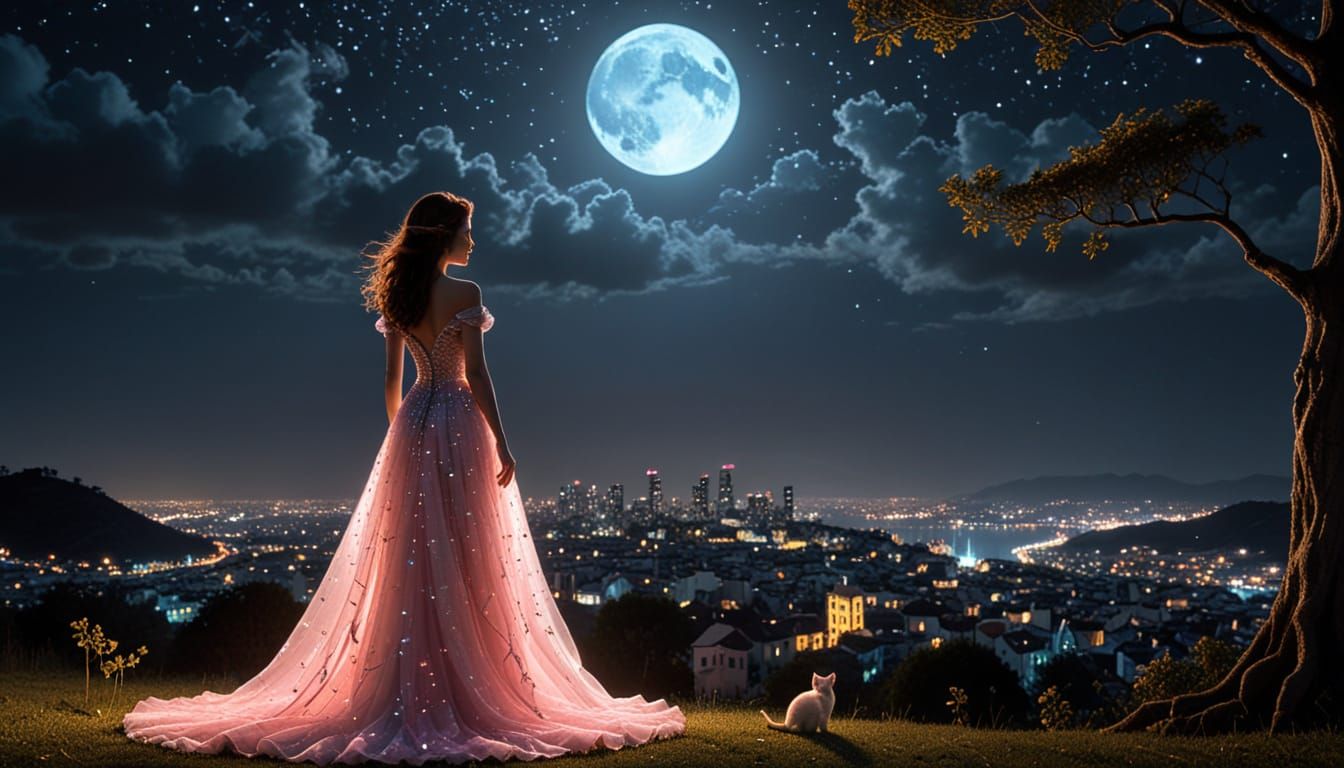 Cat Woman on Rooftop in Surreal Neon Art Style