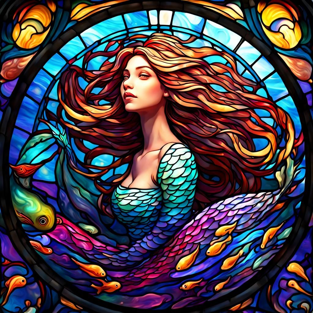 Stained Glass Mermaid in Colorful Swirls