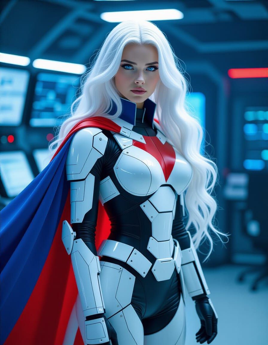 Cybernetic Woman with Wavy Hair in Futuristic Setting