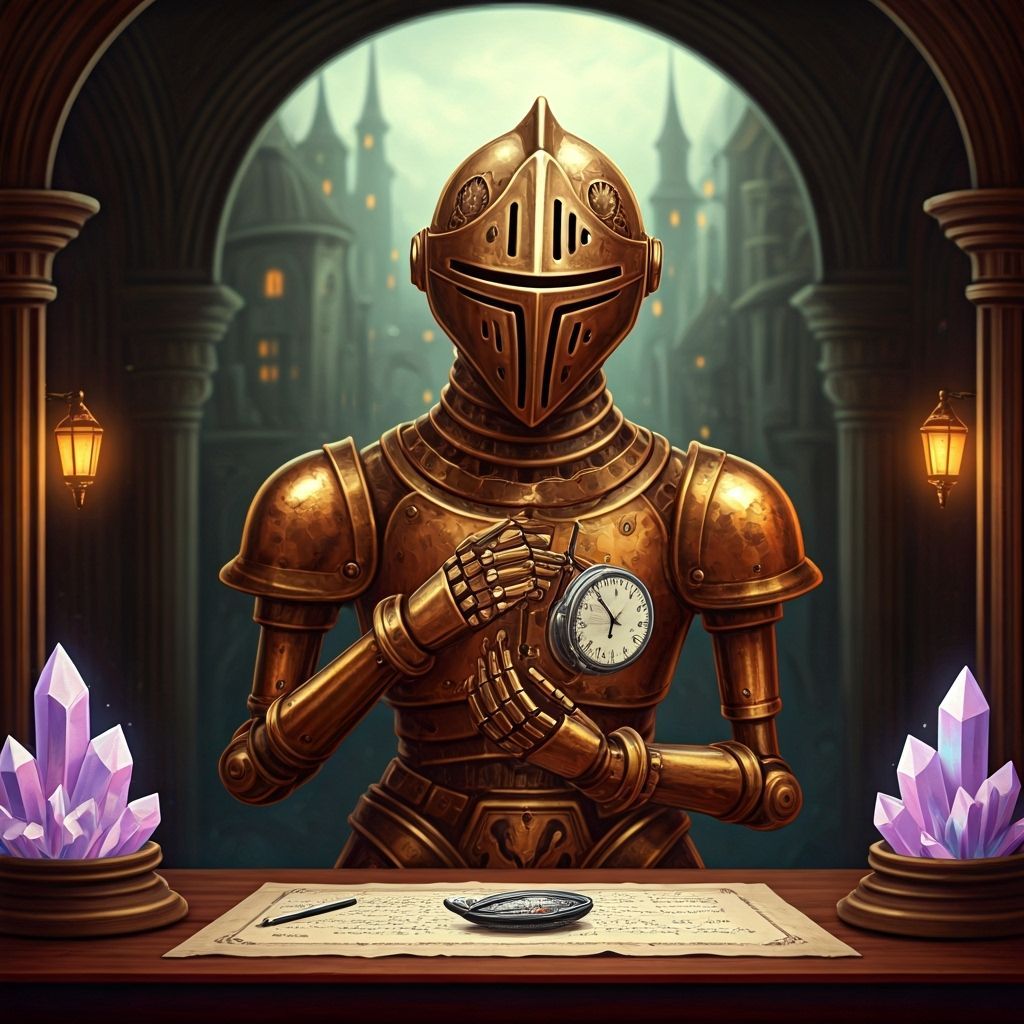 Clockwork Knight Polishes Locket in Steampunk City