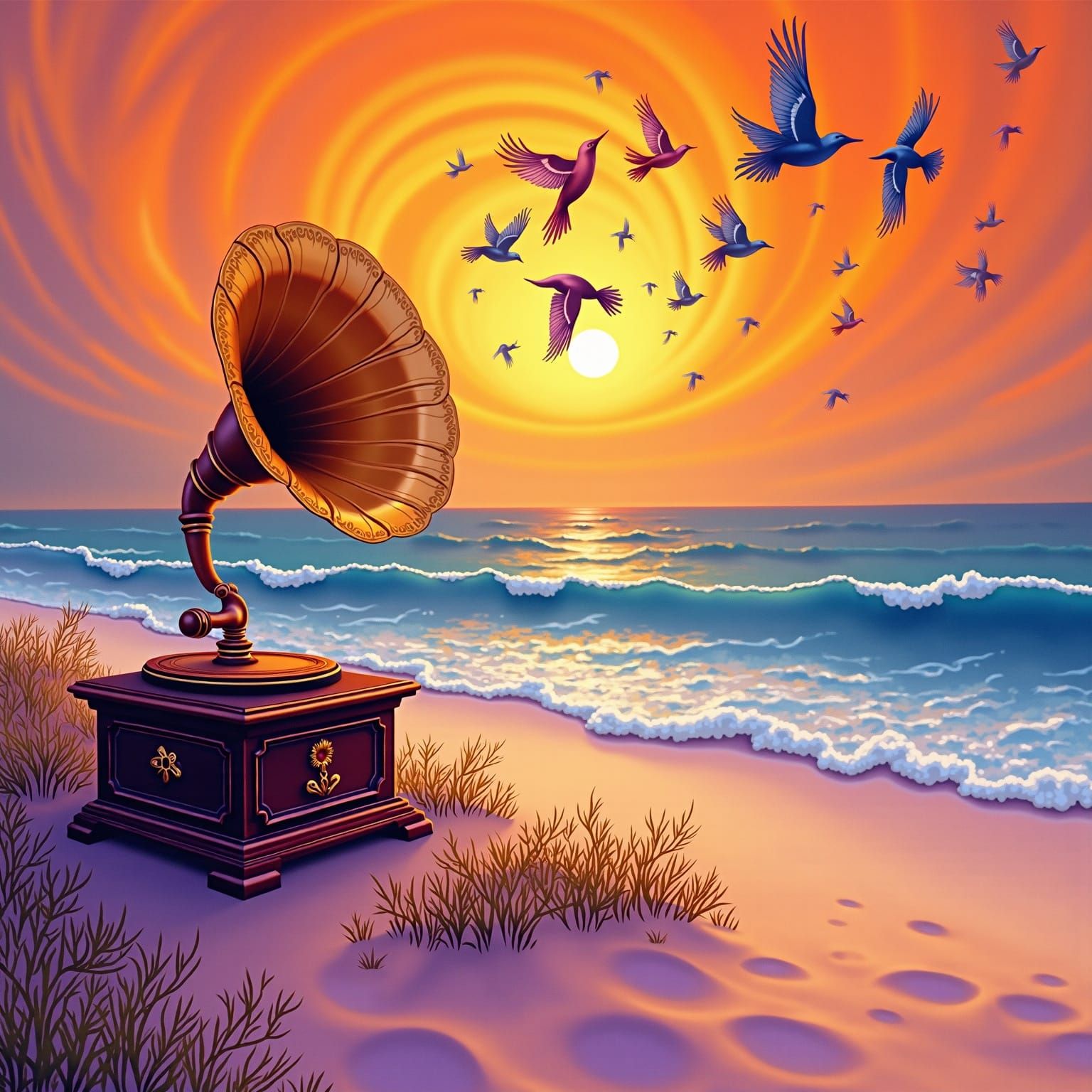 Gramophone and Songbirds on Violet Beach, in Gouache Style