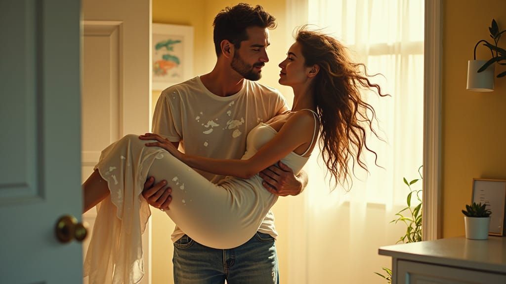 Man Carries Wife with Paint in Sentimental Realism