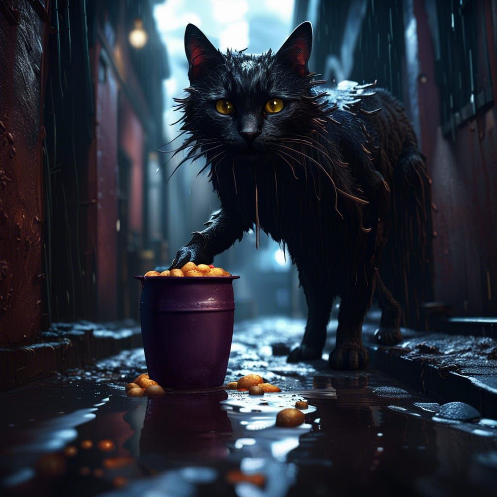 Wet Black Cat in Dark Alley: Fantasy Concept Art