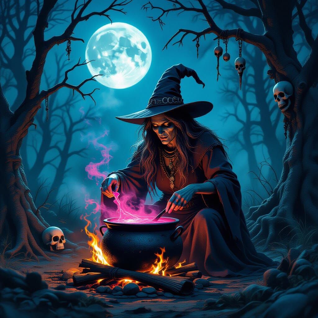 Spectral Voodoo Witch Brews Pink Potion in Moonlit Forest