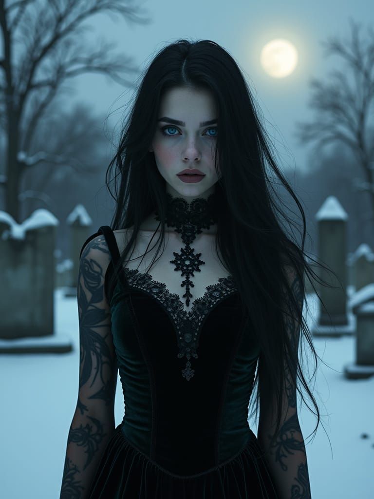 Gothic Woman in Snowy Graveyard, Victorian Velvet Gown and D...