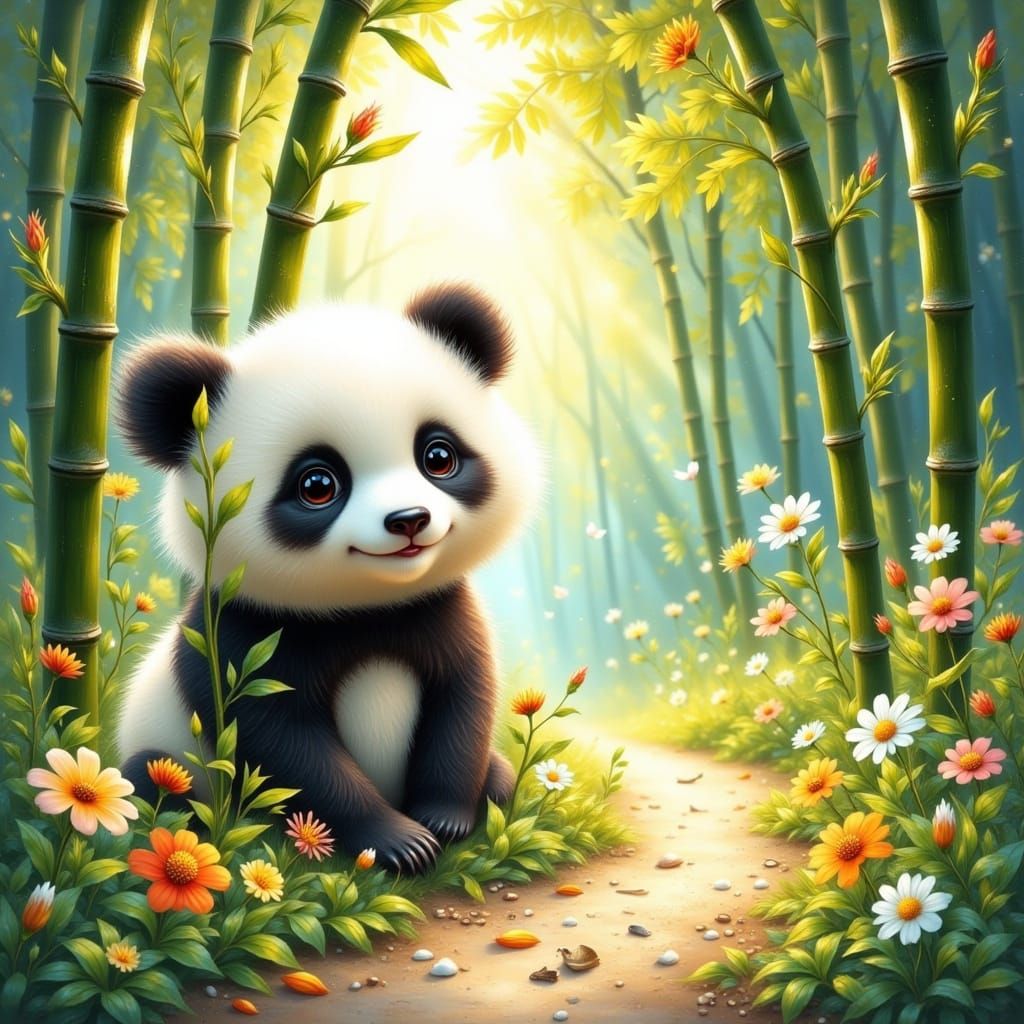 Whimsical Panda in Bamboo Forest, Watercolor Style