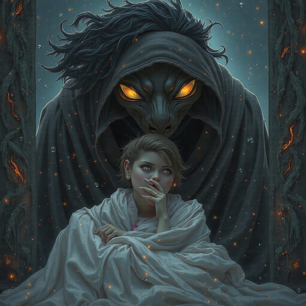 Frightened Woman with Menacing Figure, in Dark Art Style