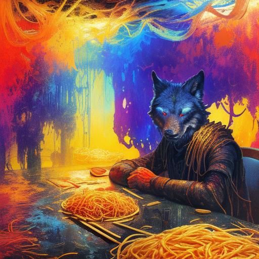 Surreal Student Surrounded by Wolves in Oil Painting