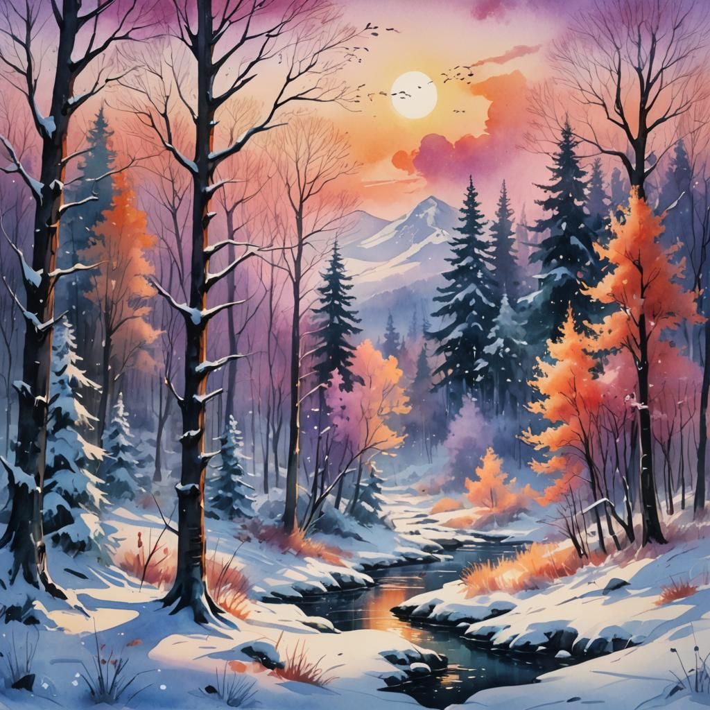 Winter Forest at Sunset: A Watercolor Painting