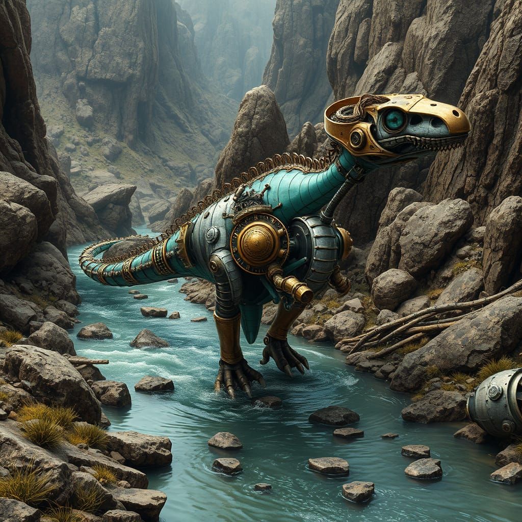 Steampunk Dinosaur in Rugged Landscape
