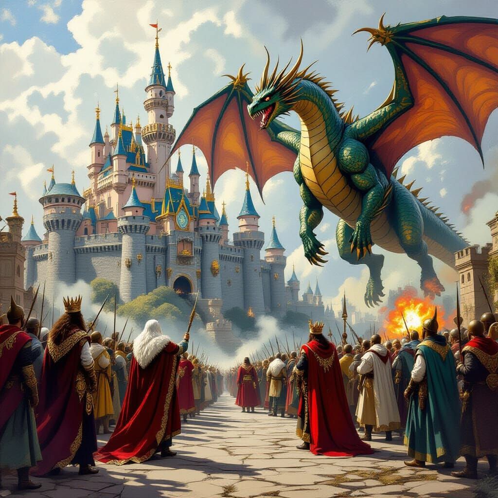 Majestic Castle Besieged by Bombs and Dragon