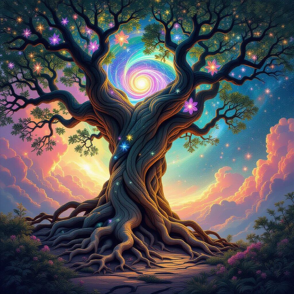 Ancient Cosmic Tree Portal in Nebula, Art Nouveau Style