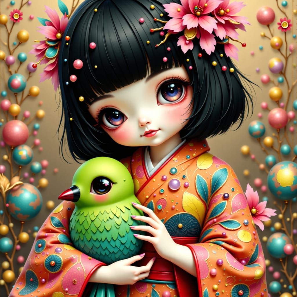 Ichimatsu Doll with Bird in Ukiyo-e Style