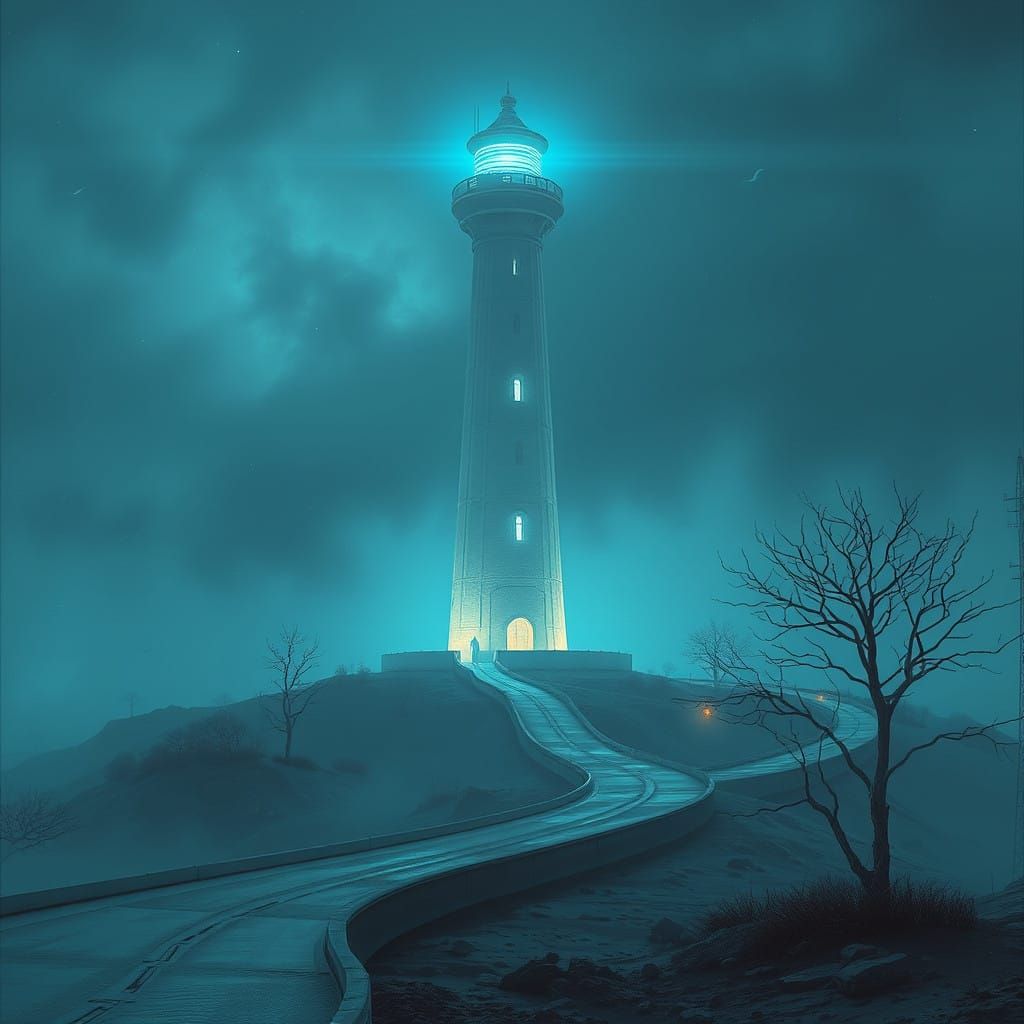 Cyberpunk Lighthouse Glows Amidst Ruined Cityscape