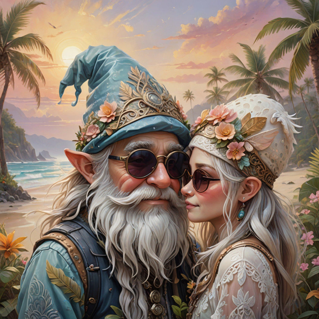 Gnomes Embrace in Tropical Sunrise