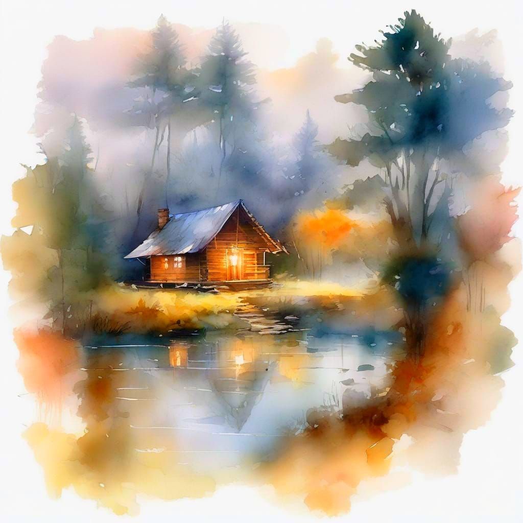 Serene Forest Cabin by Misty Lake at Dusk