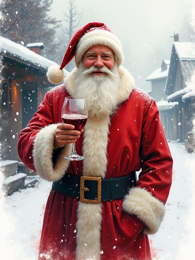 Father Christmas in Snow Village with Wine