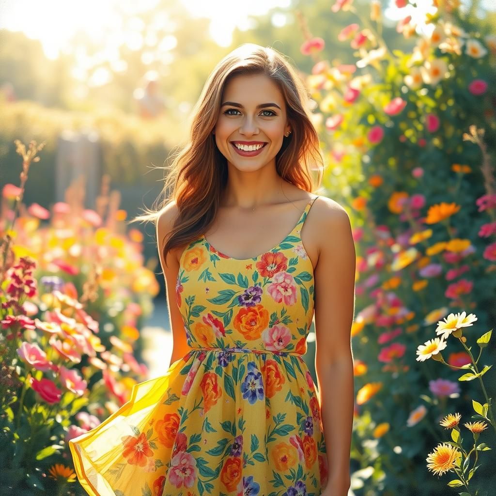 Friendly Woman in Sunlit Garden, Impressionist Style