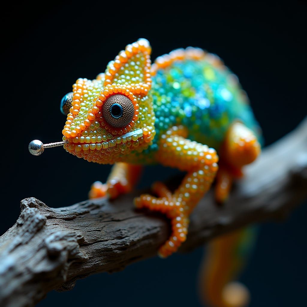 UV-Reactive Glass Chameleon Sculpture in Steampunk Style