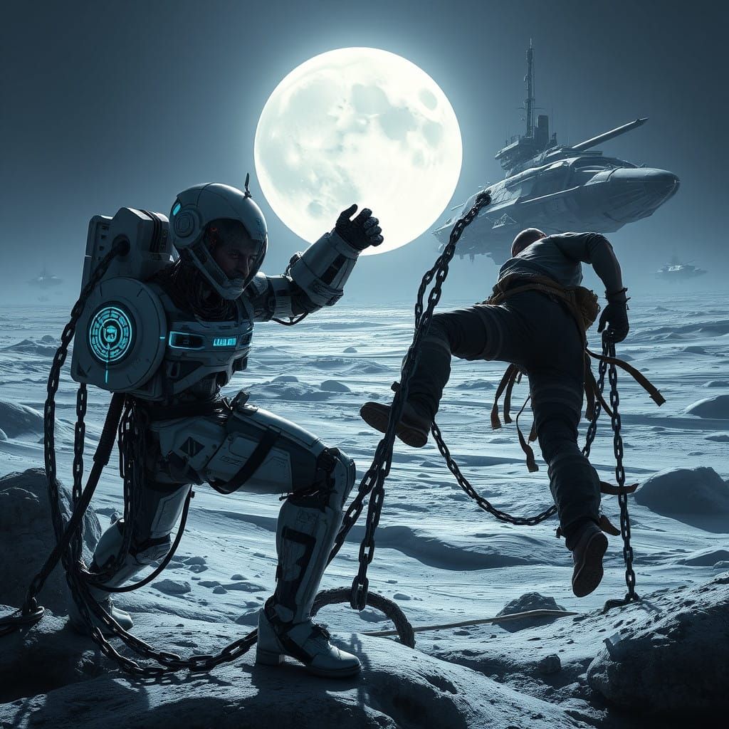 Gritty Futuristic Robot Controlling Man on the Moon