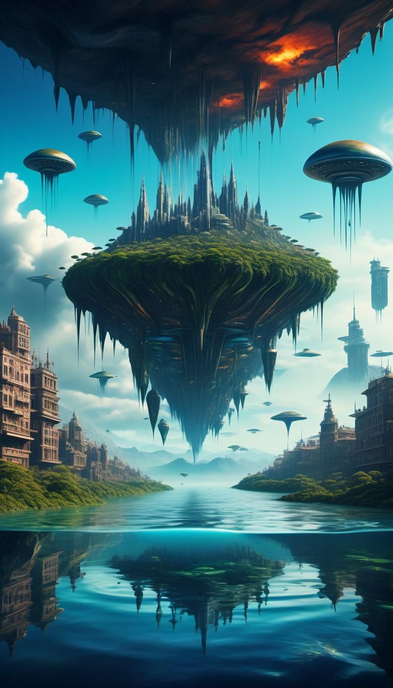 Alien City Inverted Under Floating Island